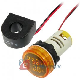 Kontrolka LED Volt+Amper. żółty 22mm min.0,6A 150W, 20-500VAC miernik
