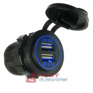 Ładowarka USB 12-24V /5V 1A 2.1A LED RING BLUE, montażowa z klapką