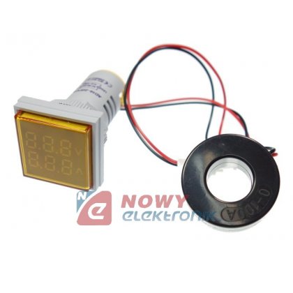 Kontrolka LED Volt+Amper. żółta kwadrat min.0,6A, 60-500VAC miernik