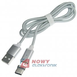Kabel USB-Typ C magnet. Srebrny 1m TYP-C 2.4A z LED NEPOWER magnetyczny