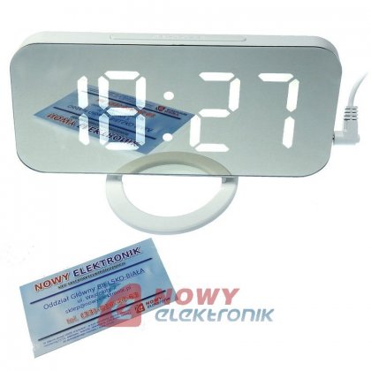 Zegar LED DS-3620L biały   z budzikiem  lustrzany z 2xUSB