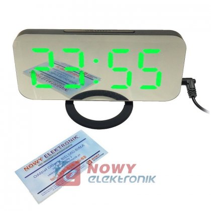 Zegar LED DS-3620L zielony   z budzikiem  lustrzany z 2xUSB