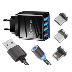 Ładowarka 4xUSB + kabel magnet. 3w1 Zestaw (USB-C, Iphone, microUSB)-Zasilacze i Transformatory