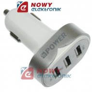 Ładowarka USB x3 sam. 4.4A Biało /srebrna USB 5V, wej. 12-24V NE