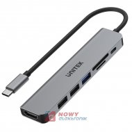 HUB USB-C 7w1 UNITEK 3xUSB-A, USB-C 100W, HDMI, Czytnik kart