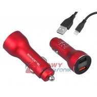 Ładowarka USB samochodowa 30W 5A 2xUSB, QC 3.0 Czerwona, Kabel Iphone