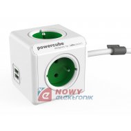 Rozgałęźnik elektr. 2402GN 2xUSB PowerCube Extended USB 2,1A zielony - z kablem 1,5m elektryczny