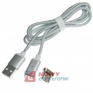Kabel USB-micro USB magnet. 1m 2.4A z LED mikro magnetyczny srebrny