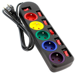 Przedłużacz 5gn 1,5m Kolorowy Czarny z 6 wyłącznikami-Elektryka
