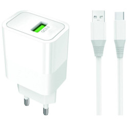 Ładowarka sieciowa USB-A QC3.0 biała 18W +kabel USB-C eXtremeStyle ATC