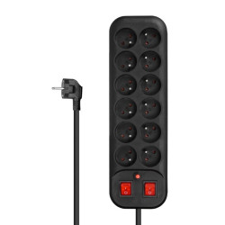 Listwa Zasilająca 1,8m 12-Gniazd, Dwurzędowa, Czarna, 2  Wyłączniki