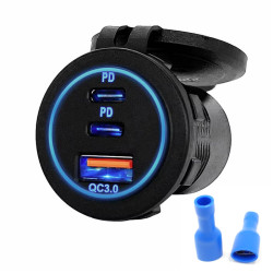 ŁADOWARKA MONTAŻOWA 2xUSB-C PD 45W 1xUSB 18W QC3.0 niebieski LED 12V/24V