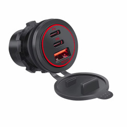ŁADOWARKA MONTAŻOWA 2xUSB-C PD 45W 1xUSB 18W QC3.0 czerwony LED 12V/24V