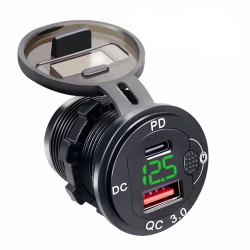 ŁADOWARKA USB-C PD USB QC3.0 zielony LED aluminium 12/24V woltomierz