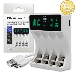 Ładowarka QOLTEC Akumulatorów Ni-MH Typu R03/R06  AAA -AA , LCD, Kabel USB-C, Biała