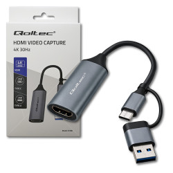 Grabber HDMI Do USB QOLTEC, Nagrywarka Obrazu Na Komputer, UHD 4K 30Hz, USB-A/USB-C
