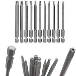 Zestaw długich bitów TORX z otworem 100mm 11szt stal S2 z dziurką, security