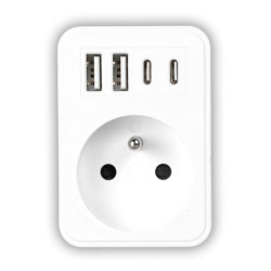Rozgałęźnik sieciowy: 1 gniazdo okrągłe z uz. + 2x USB + 2x USB-C, Biały 2x2,4A ADM