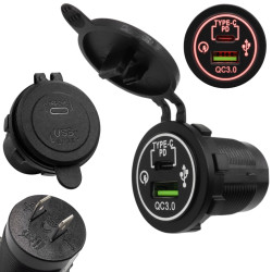 Ładowarka USB 12V 24V USB-C PD 30W QC 3.0 18W CZERWONY LED samochód kamper