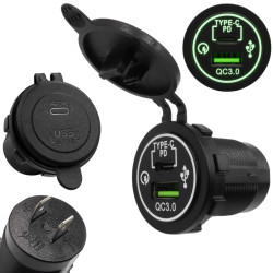 Ładowarka USB 12V 24V USB-C PD 30W QC 3.0 18W ZIELONY LED samochód kamper